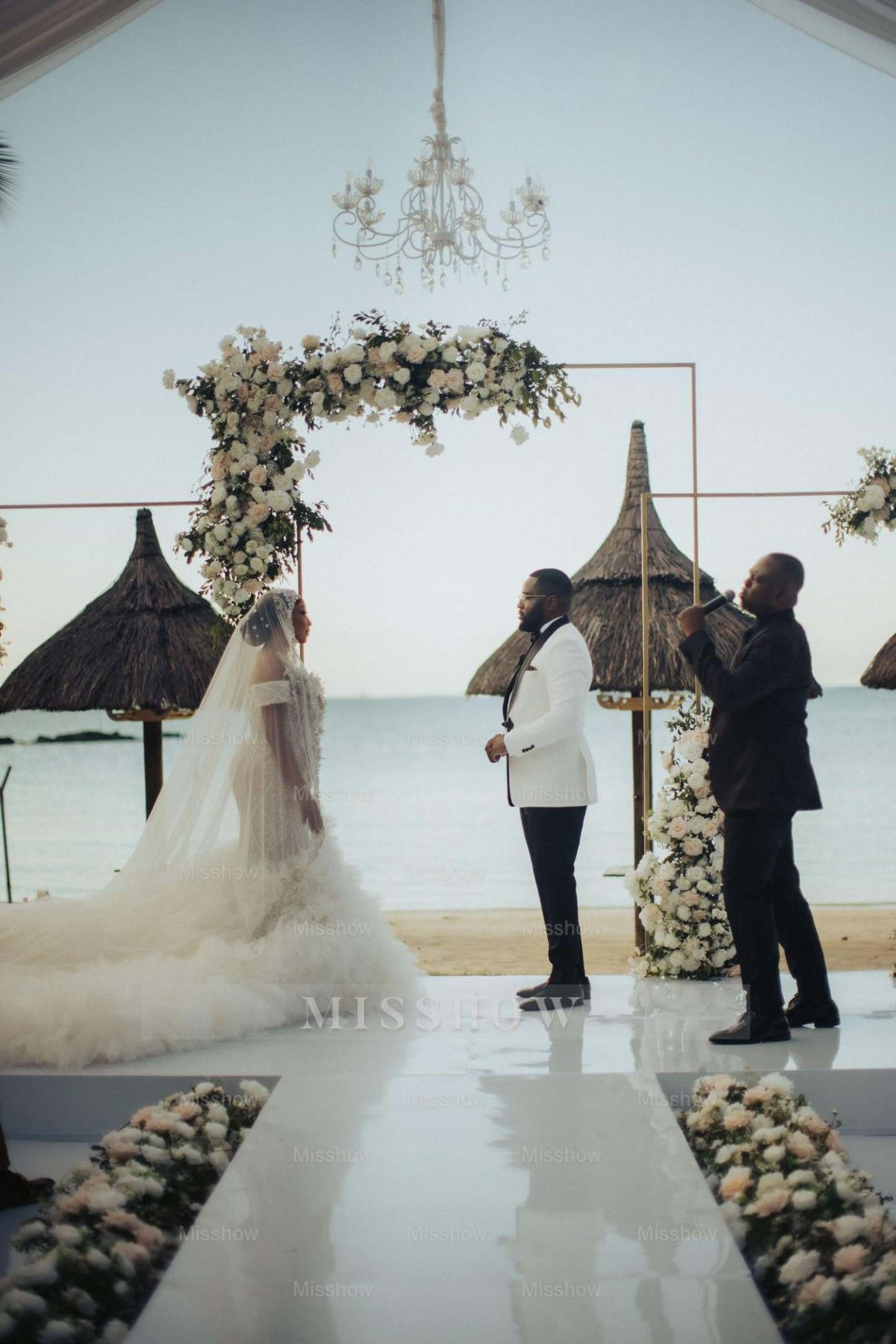 Luxury Long Mermaid Heavy Made Beaded Wedding Dress with Slit and Ruffles