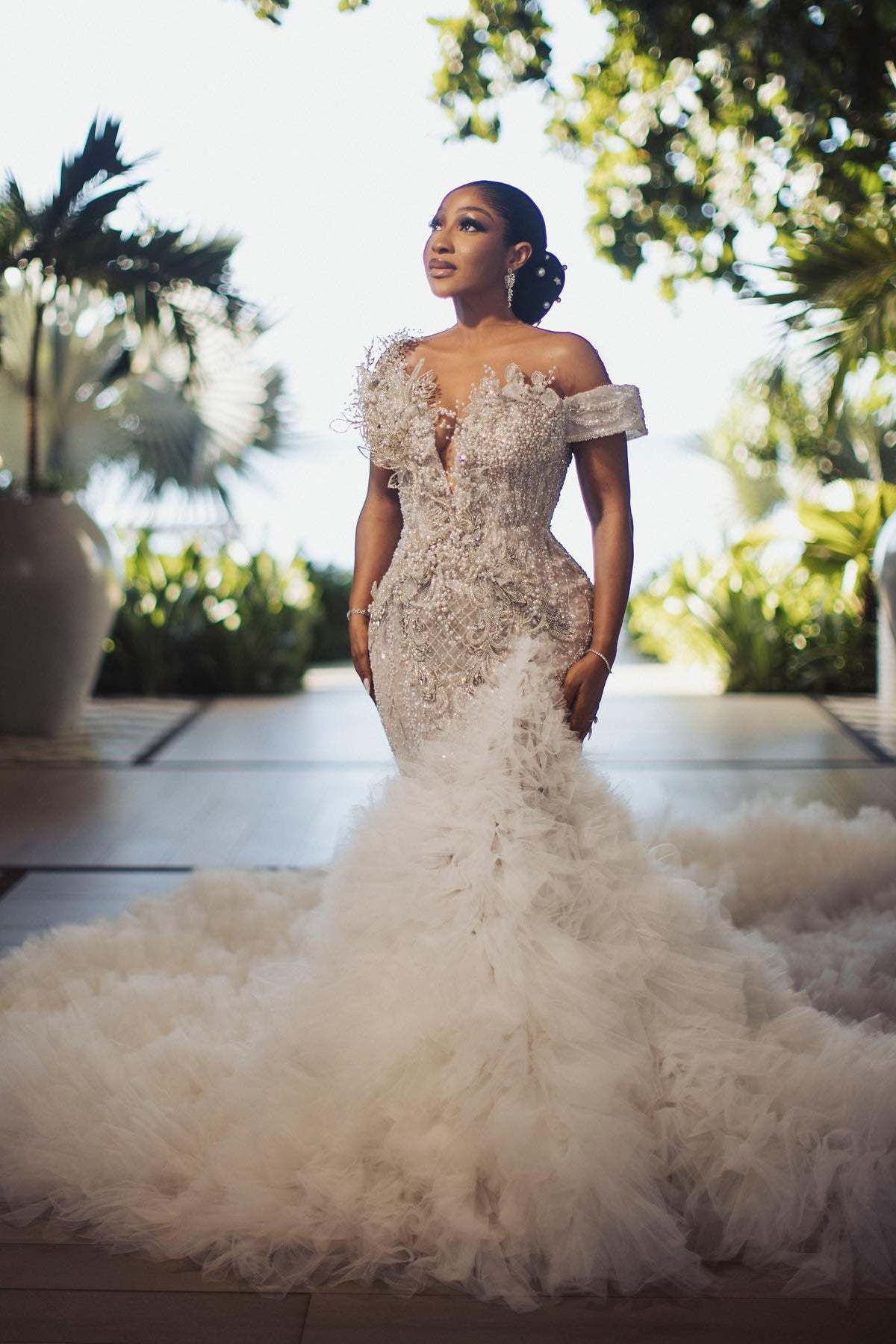 Luxury Long Mermaid Heavy Made Beaded Wedding Dress with Slit and Ruffles