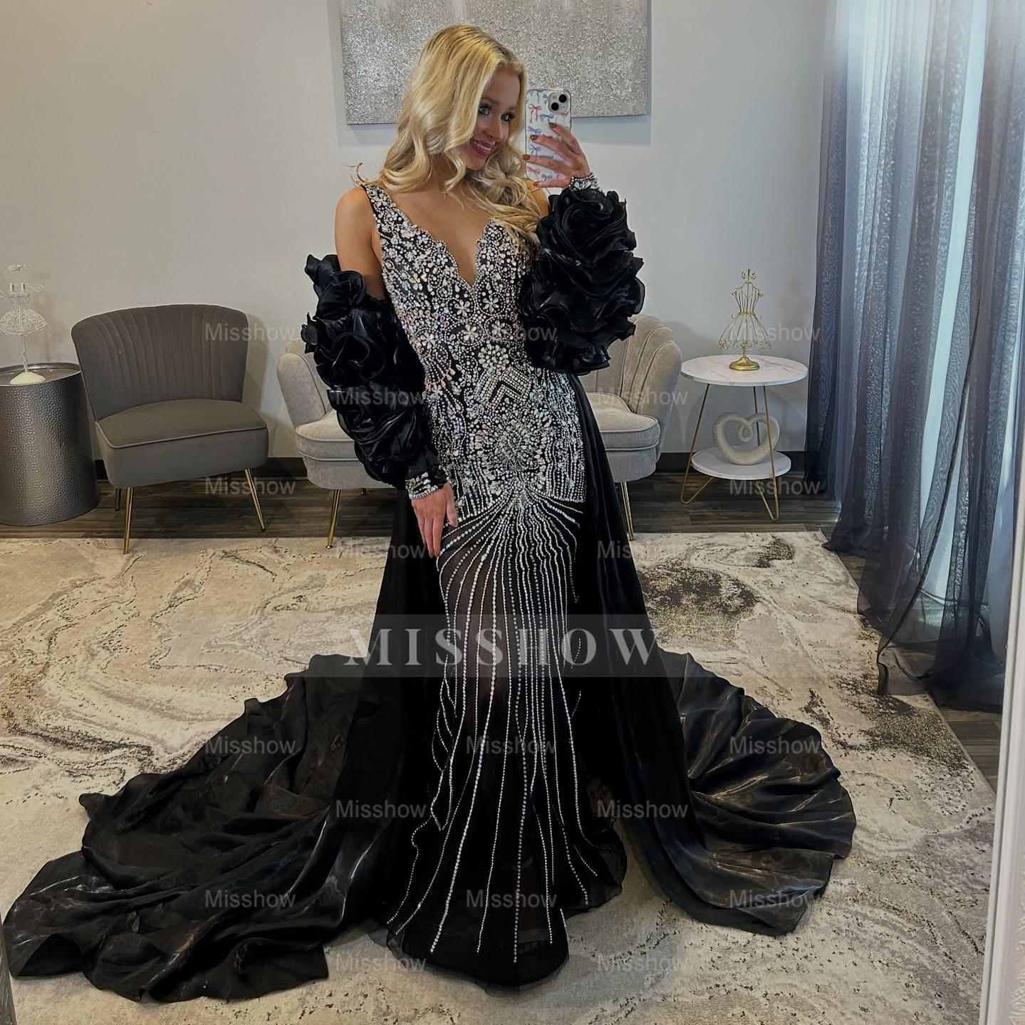 Luxury Long Mermaid V-neck Beaded Prom Dress with Detachable Train