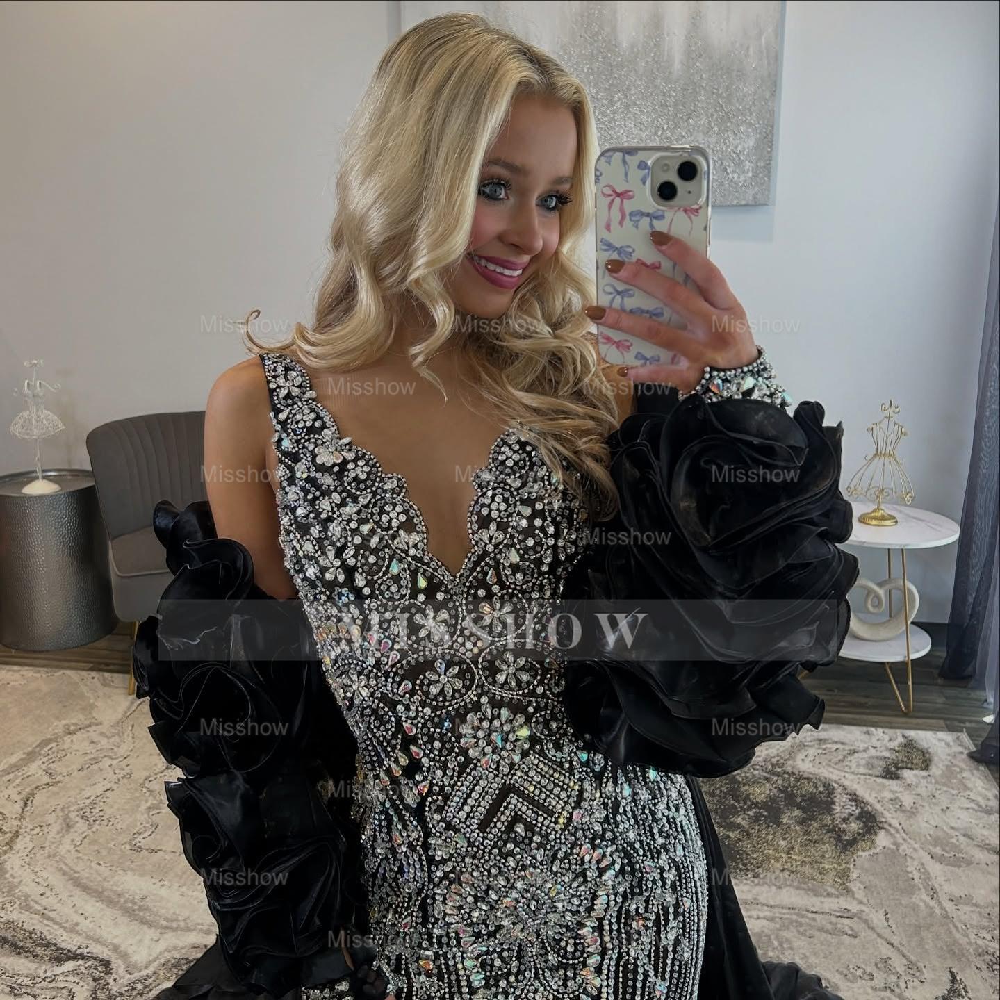 Luxury Long Mermaid V-neck Beaded Prom Dress with Detachable Train