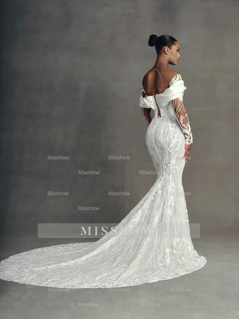 Luxury Long Mermaid White Long Sleeves Beaded Lace Wedding Dress with Detachable Train