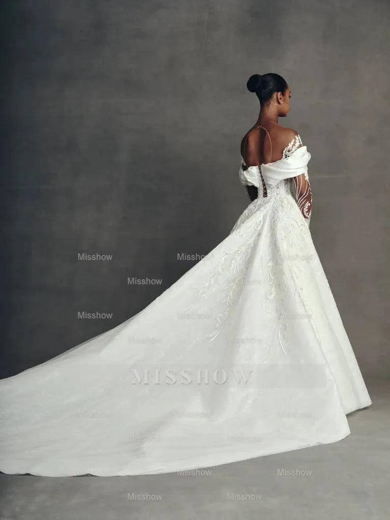 Luxury Long Mermaid White Long Sleeves Beaded Lace Wedding Dress with Detachable Train