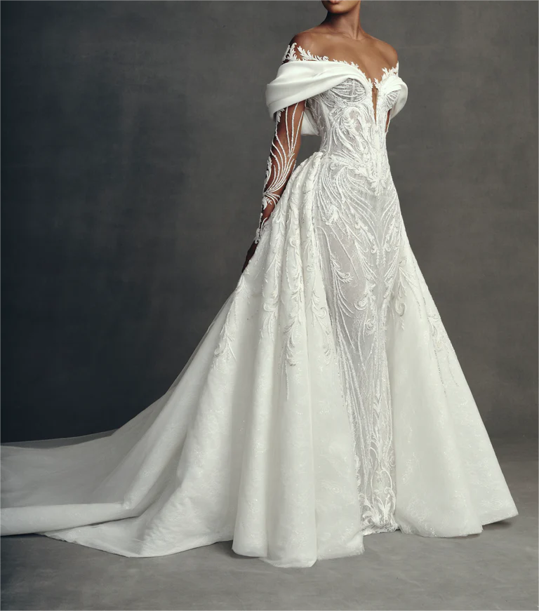 Luxury Long Mermaid White Long Sleeves Beaded Lace Wedding Dress with Detachable Train
