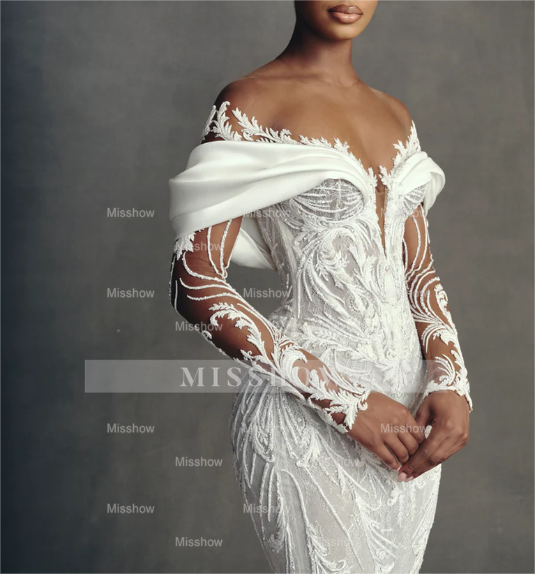 Luxury Long Mermaid White Long Sleeves Beaded Lace Wedding Dress with Detachable Train