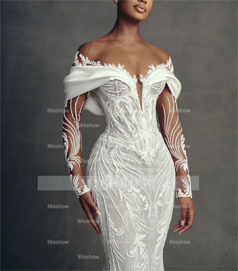 Luxury Long Mermaid White Long Sleeves Beaded Lace Wedding Dress with Detachable Train