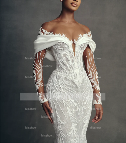 Luxury Long Mermaid White Long Sleeves Beaded Lace Wedding Dress with Detachable Train