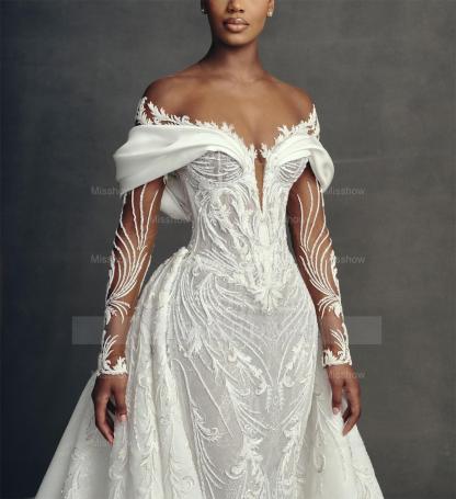 Luxury Long Mermaid White Long Sleeves Beaded Lace Wedding Dress with Detachable Train