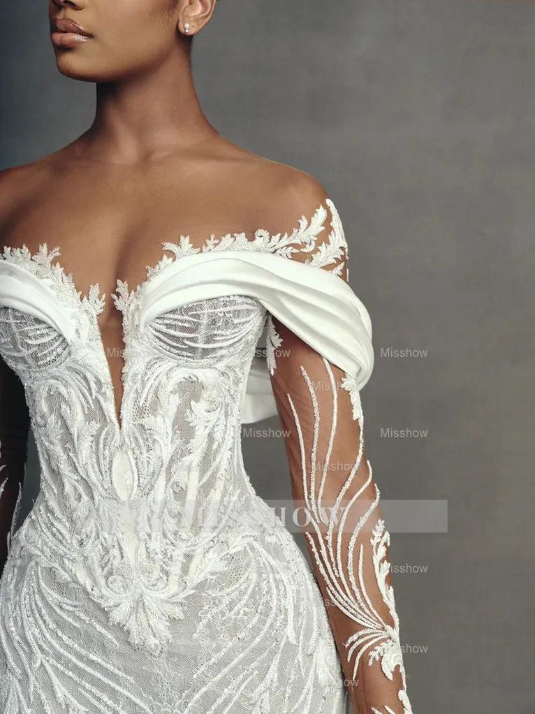 Luxury Long Mermaid White Long Sleeves Beaded Lace Wedding Dress with Detachable Train