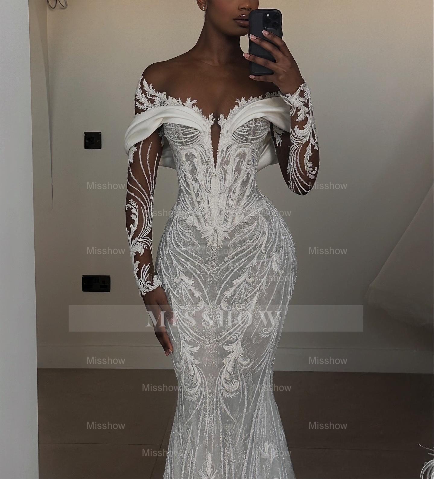 Luxury Long Mermaid White Long Sleeves Beaded Lace Wedding Dress with Detachable Train