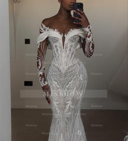 Luxury Long Mermaid White Long Sleeves Beaded Lace Wedding Dress with Detachable Train