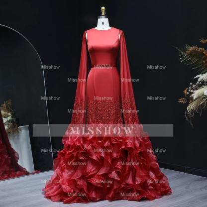 Luxury Long Nude Mermaid Satin Tulle Ruffles Evening Dress With Cape Sleeves