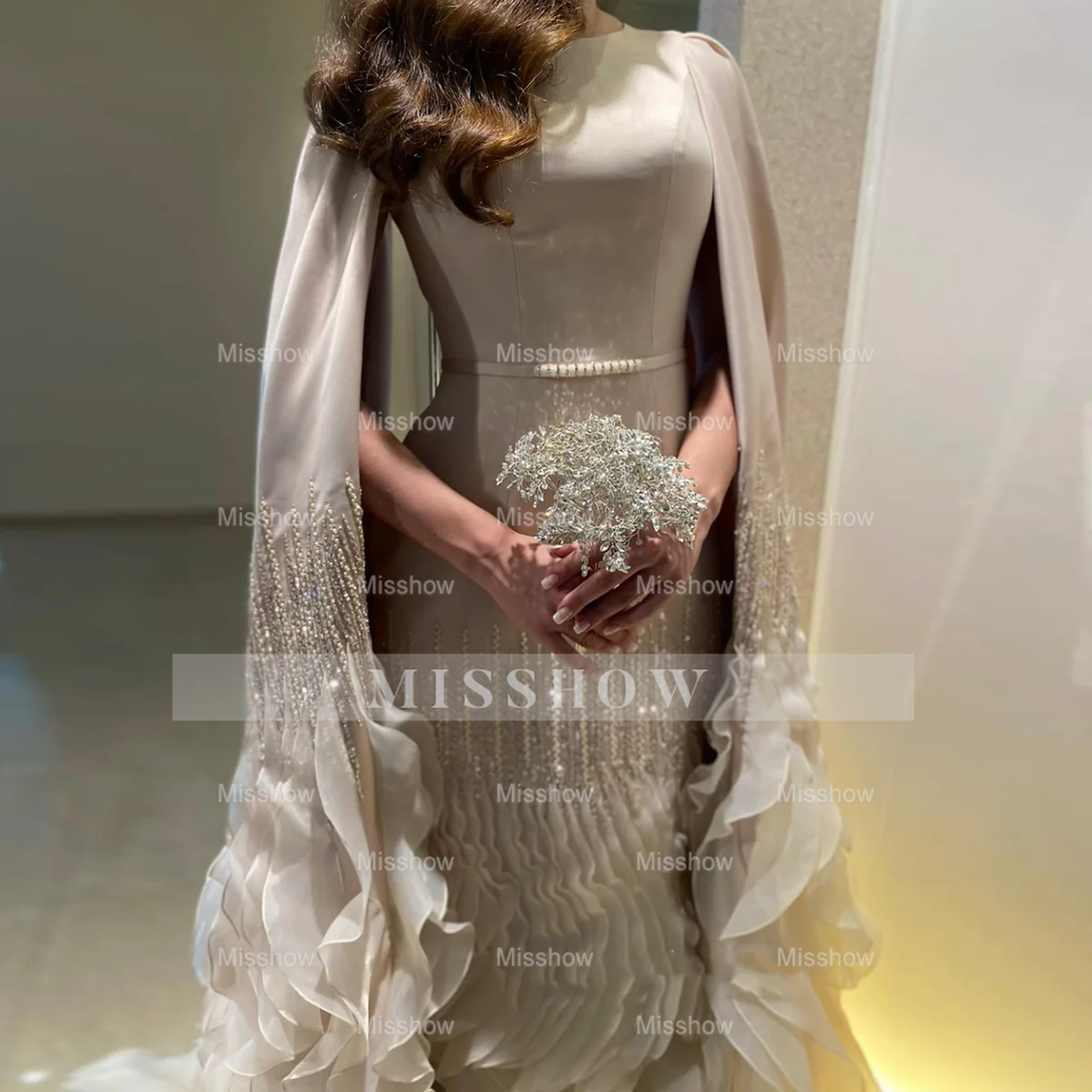 Luxury Long Nude Mermaid Satin Tulle Ruffles Evening Dress With Cape Sleeves