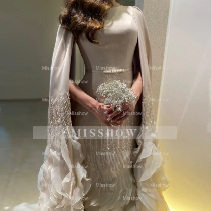 Luxury Long Nude Mermaid Satin Tulle Ruffles Evening Dress With Cape Sleeves