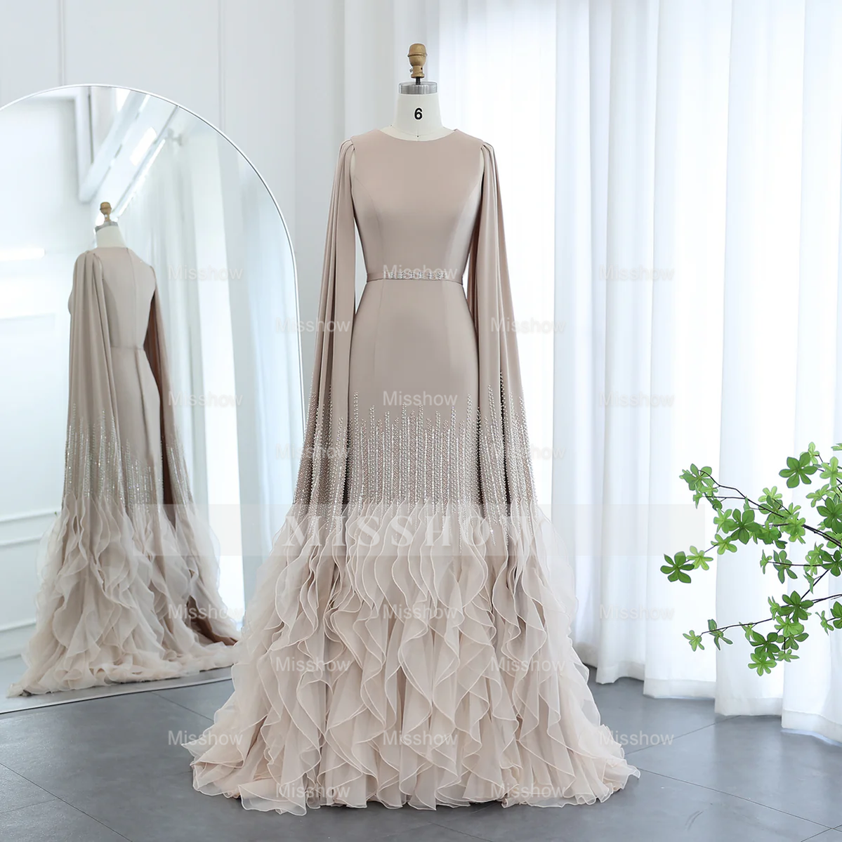 Luxury Long Nude Mermaid Satin Tulle Ruffles Evening Dress With Cape Sleeves