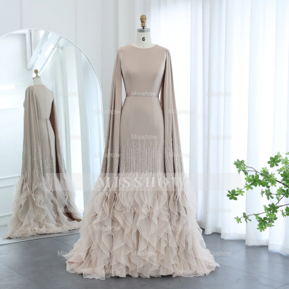 Luxury Long Nude Mermaid Satin Tulle Ruffles Evening Dress With Cape Sleeves