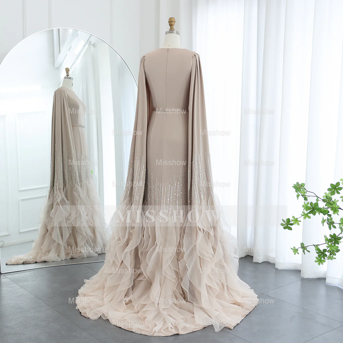 Luxury Long Nude Mermaid Satin Tulle Ruffles Evening Dress With Cape Sleeves