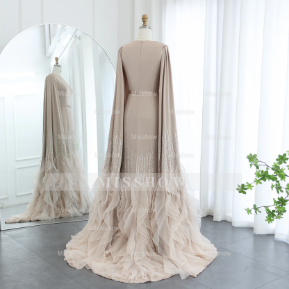 Luxury Long Nude Mermaid Satin Tulle Ruffles Evening Dress With Cape Sleeves