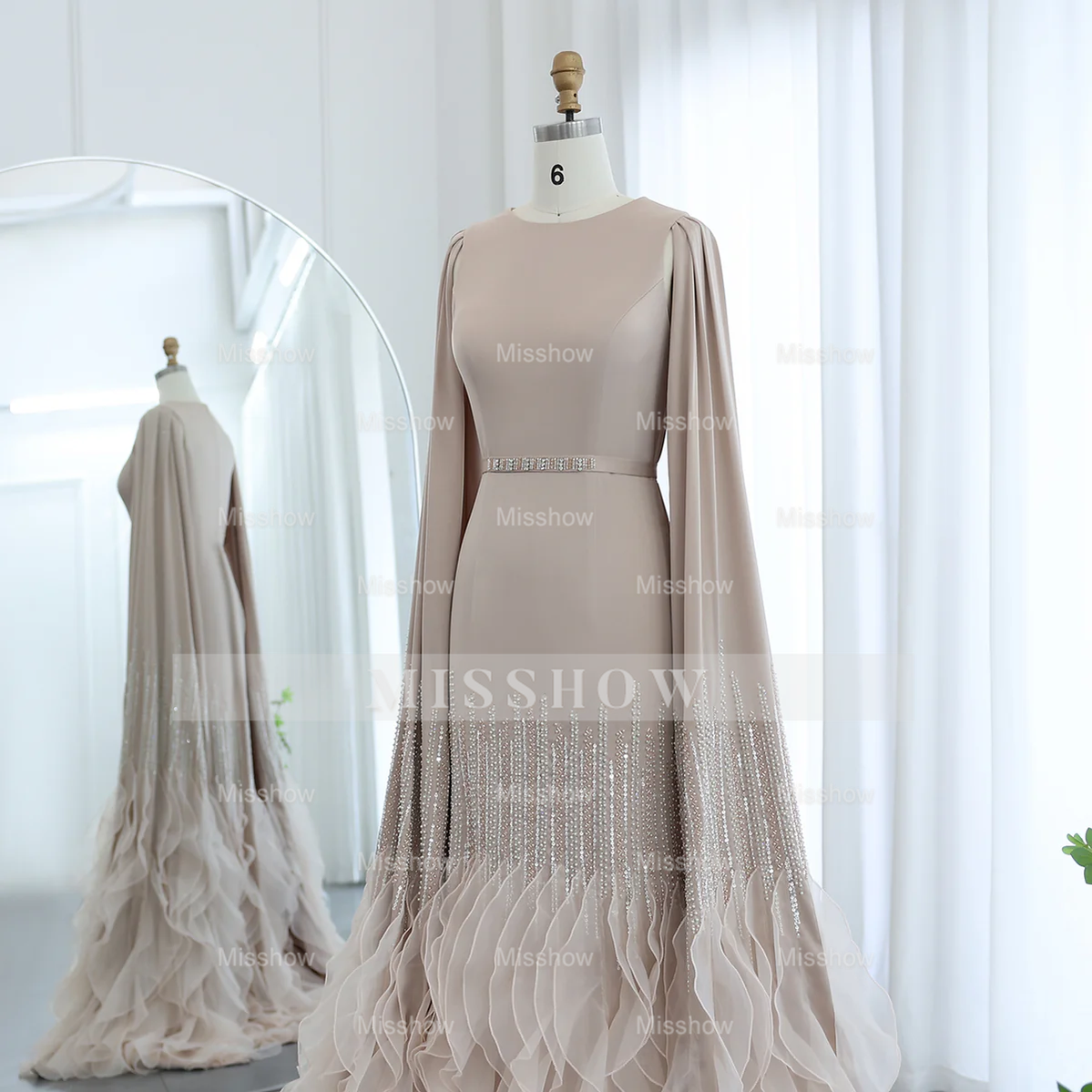 Luxury Long Nude Mermaid Satin Tulle Ruffles Evening Dress With Cape Sleeves