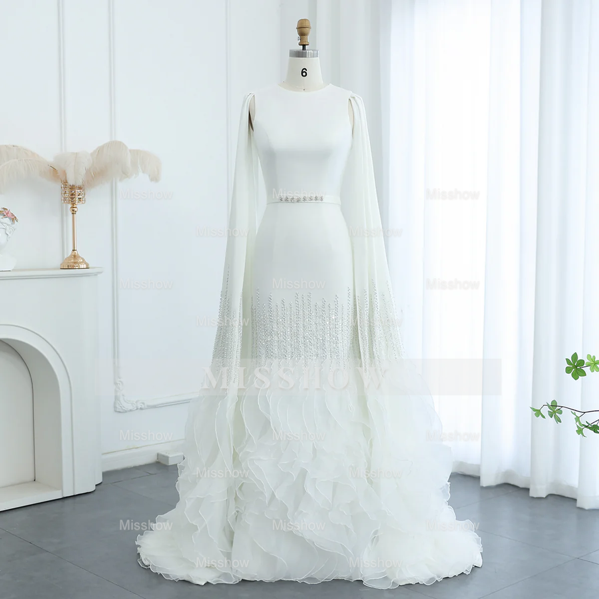 Luxury Long Nude Mermaid Satin Tulle Ruffles Evening Dress With Cape Sleeves