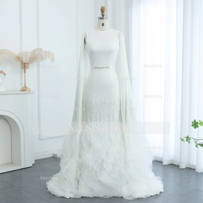 Luxury Long Nude Mermaid Satin Tulle Ruffles Evening Dress With Cape Sleeves