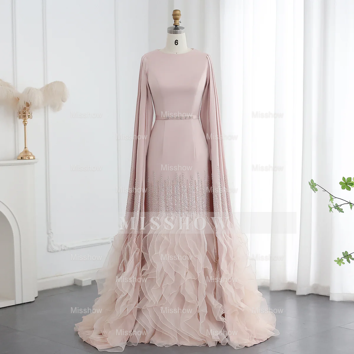 Luxury Long Nude Mermaid Satin Tulle Ruffles Evening Dress With Cape Sleeves