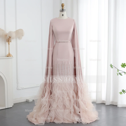 Luxury Long Nude Mermaid Satin Tulle Ruffles Evening Dress With Cape Sleeves