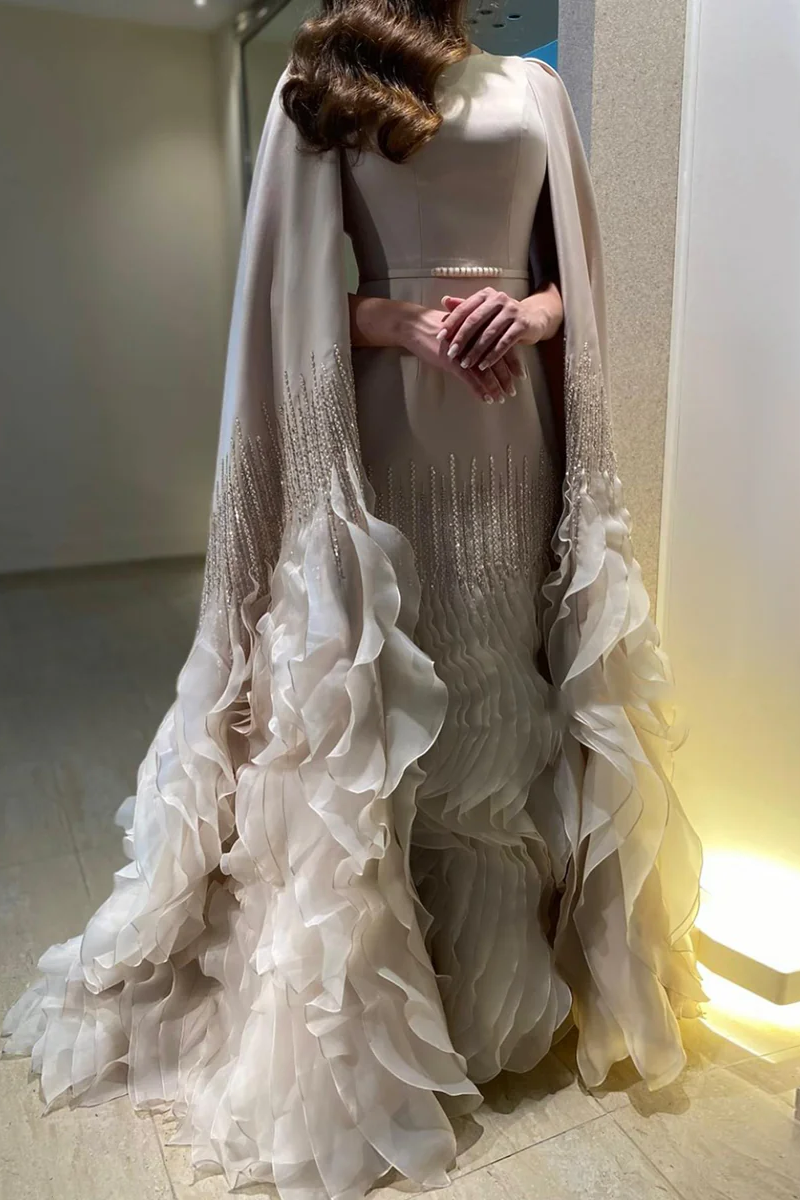 Luxury Long Nude Mermaid Satin Tulle Ruffles Evening Dress With Cape Sleeves