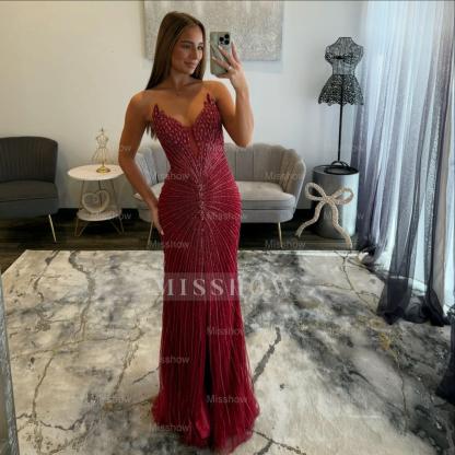 Luxury Long Pink Mermaid Strapless Crystal Prom Dress with Slit