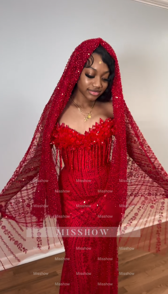 Luxury Red Long Mermaid Strapless Beaded Prom Dress with Veil