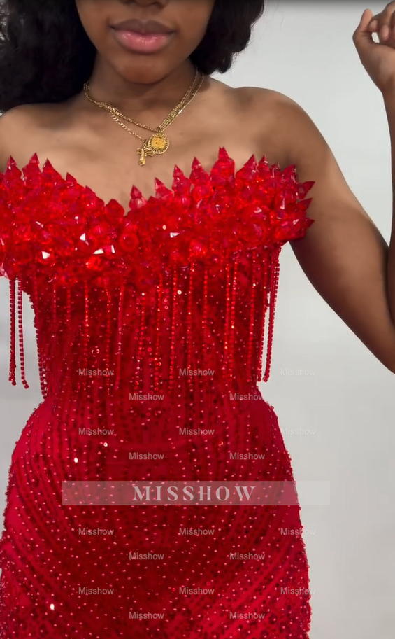 Luxury Red Long Mermaid Strapless Beaded Prom Dress with Veil