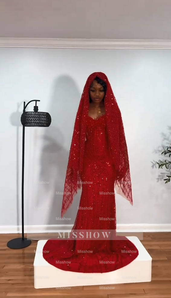 Luxury Red Long Mermaid Strapless Beaded Prom Dress with Veil