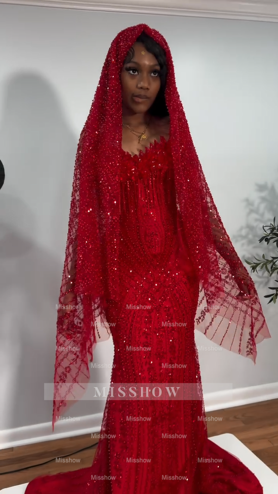 Luxury Red Long Mermaid Strapless Beaded Prom Dress with Veil