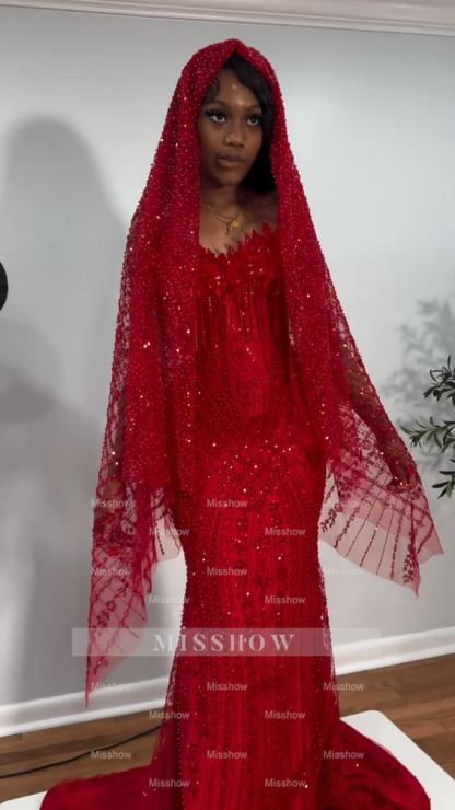 Luxury Red Long Mermaid Strapless Beaded Prom Dress with Veil