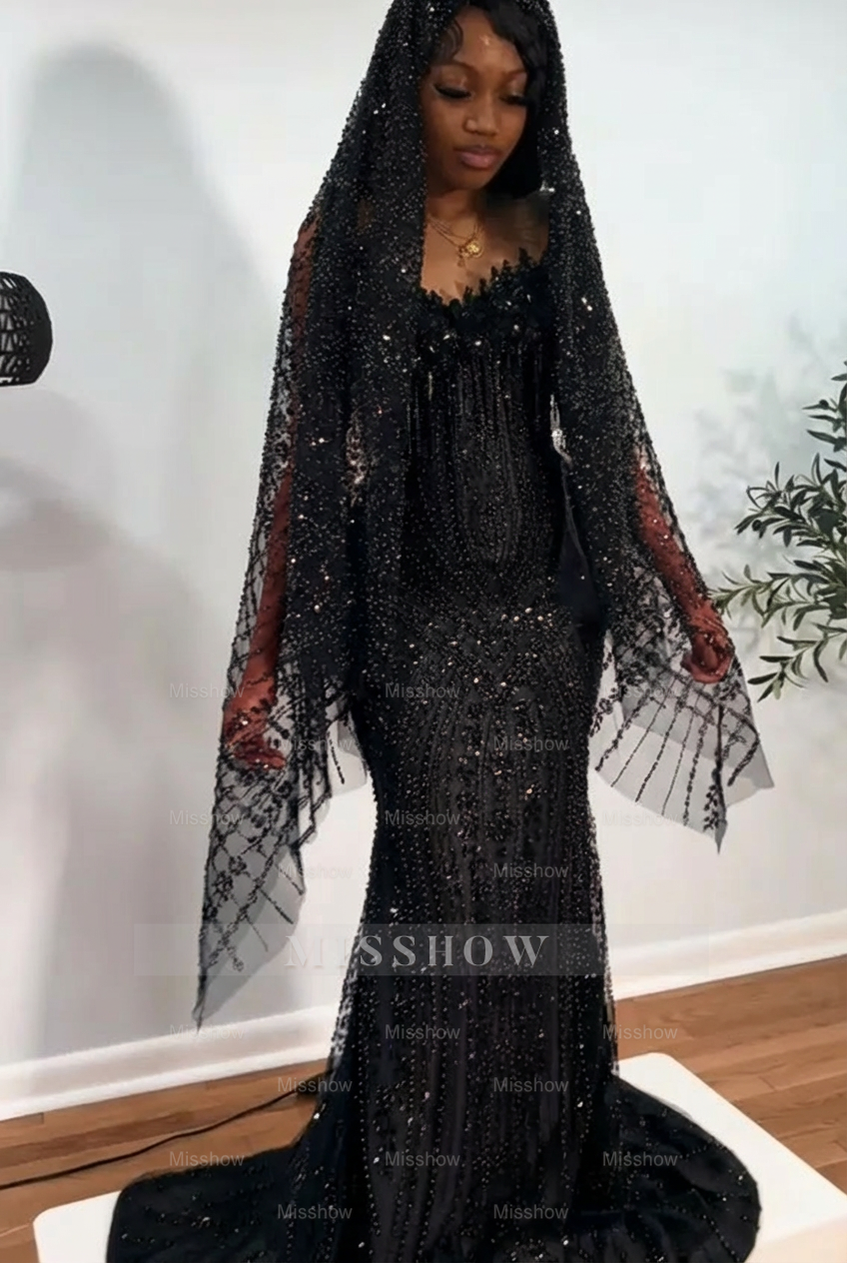 Luxury Red Long Mermaid Strapless Beaded Prom Dress with Veil