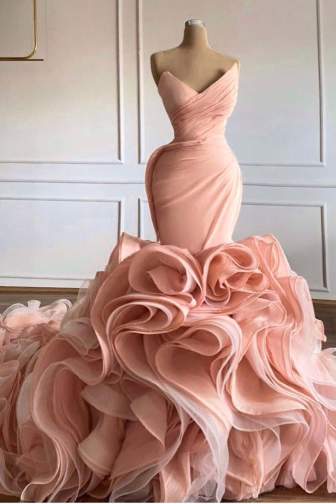 Luxury Ruffled Mermaid Wedding Dresses High-end Pleated Pink Tulle Bridal Gowns
