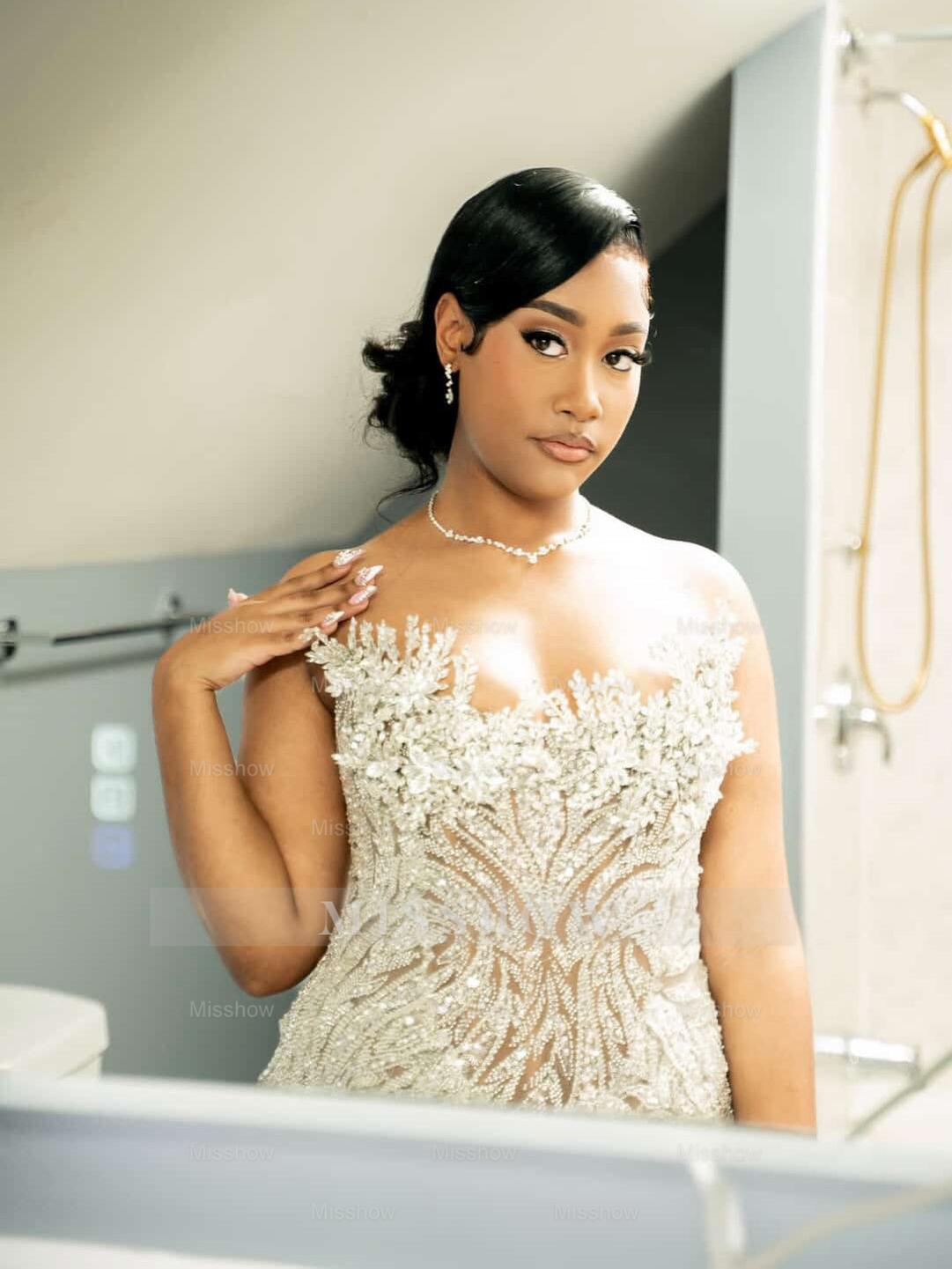 Luxury Sheer Long Silver Beaded Sleeveless Mermaid Prom Dress with Rhinestones and Veil