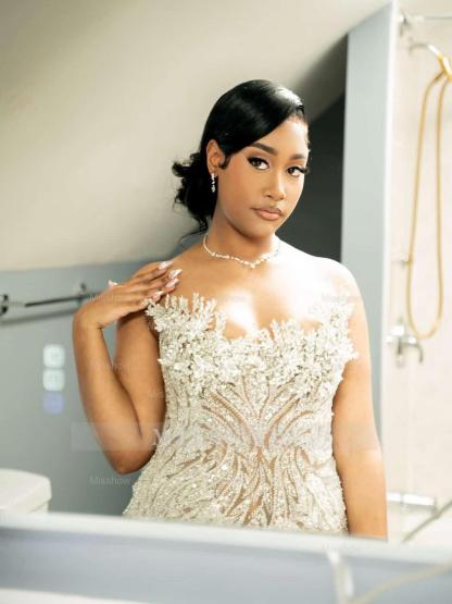 Luxury Sheer Long Silver Beaded Sleeveless Mermaid Prom Dress with Rhinestones and Veil