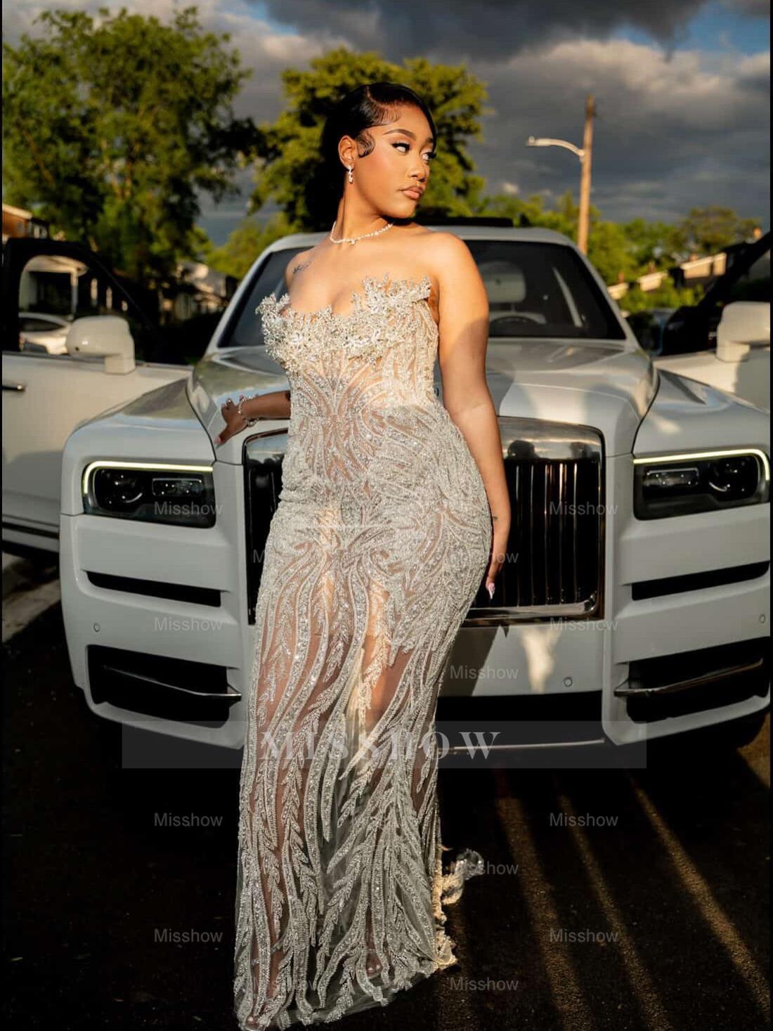 Luxury Sheer Long Silver Beaded Sleeveless Mermaid Prom Dress with Rhinestones and Veil