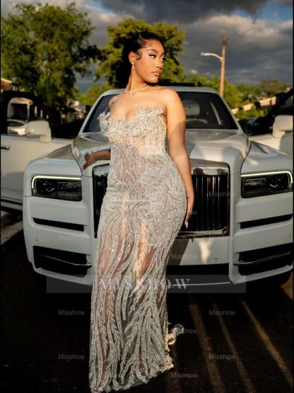 Luxury Sheer Long Silver Beaded Sleeveless Mermaid Prom Dress with Rhinestones and Veil