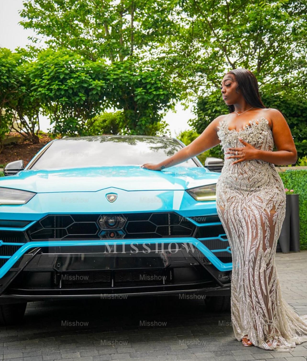 Luxury Sheer Long Silver Beaded Sleeveless Mermaid Prom Dress with Rhinestones and Veil