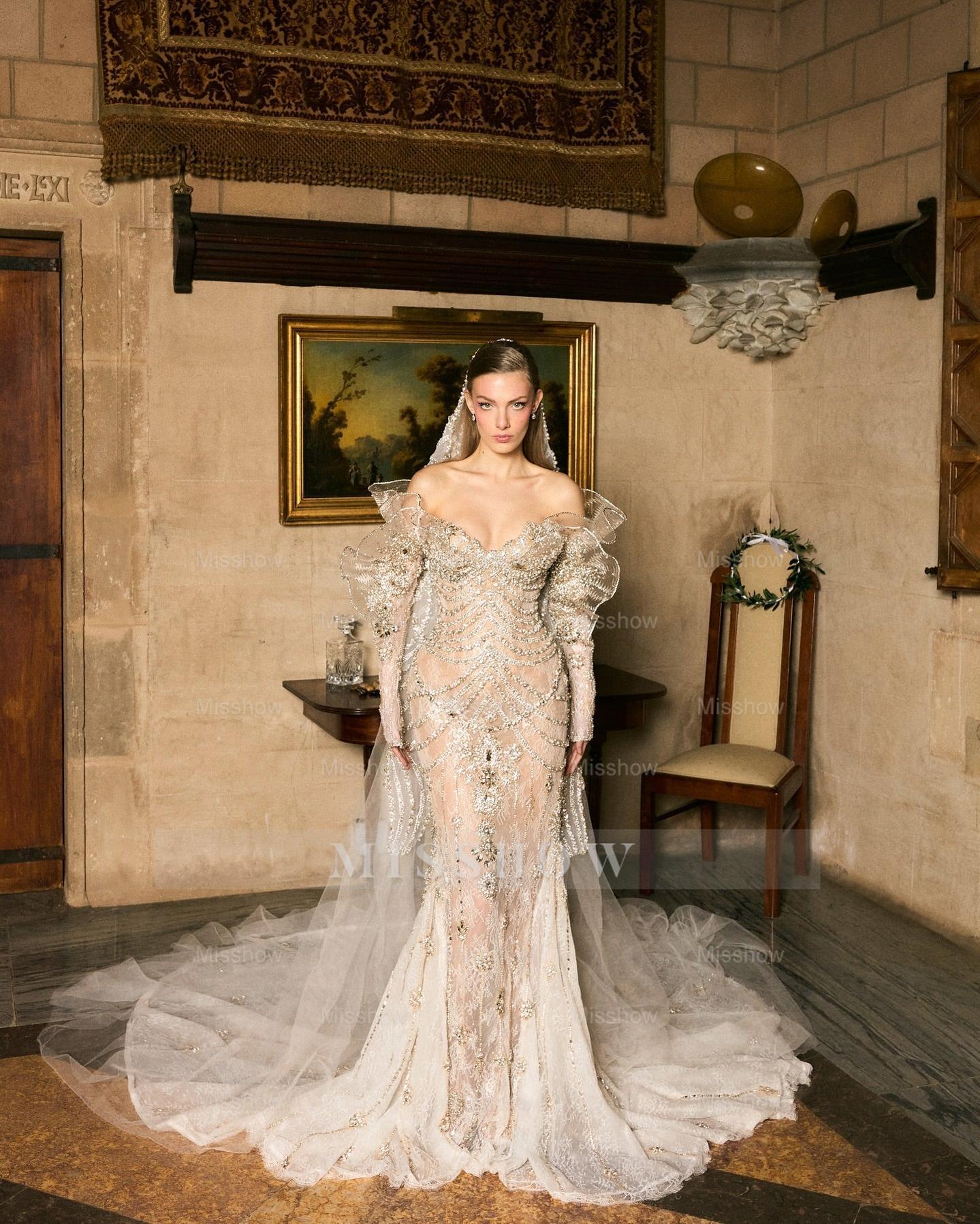 Luxury Silver Mermaid Strapless Lace Off-The-Shoulder Beaded Long Sleeves Wedding Dress With Pearls