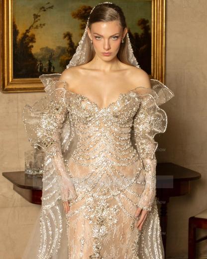 Luxury Silver Mermaid Strapless Lace Off-The-Shoulder Beaded Long Sleeves Wedding Dress With Pearls