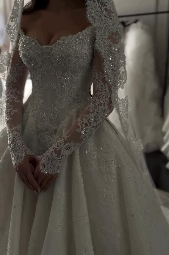 Luxury White Off-the-shoulder Ball Gown Lace Pearls Long Sleeves Wedding Dress