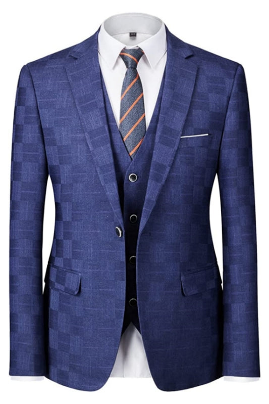 Bespoke Royal Blue Notched Lapel Three-Piece Plaid Business Suit