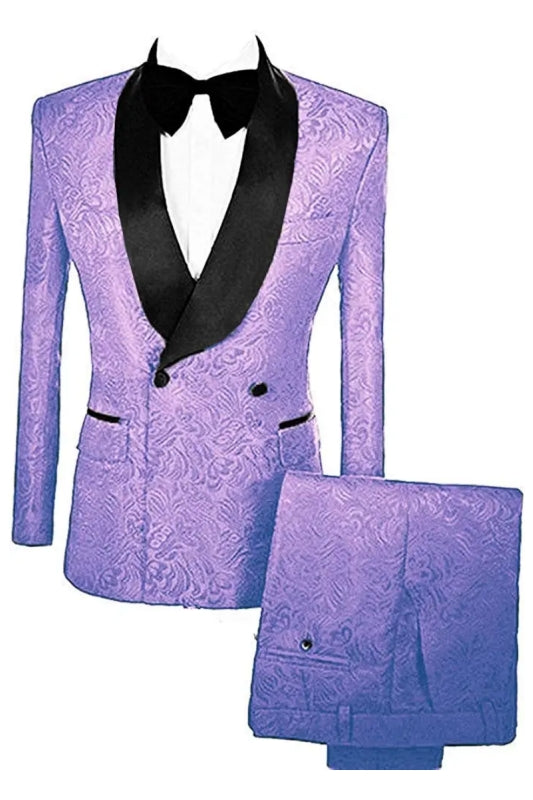 Latest Lavender Double Breasted Jacquard Groom's Suit With Velvet Lapel