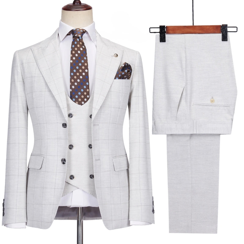 Simple Light Gray Peak Lapel Three-Piece Plaid Prom Suit