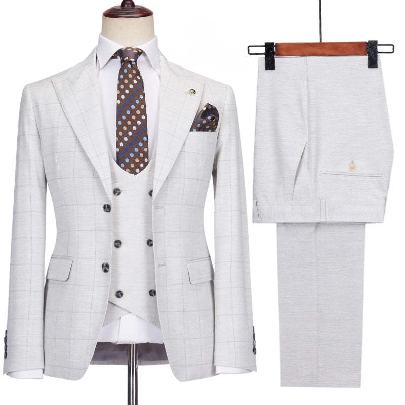 Simple Light Gray Peak Lapel Three-Piece Plaid Prom Suit