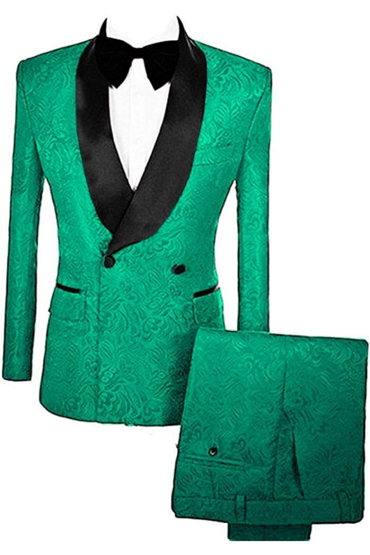 Trendy Turquoise Double Breasted Jacquard Groom's Suit With Velvet Lapel