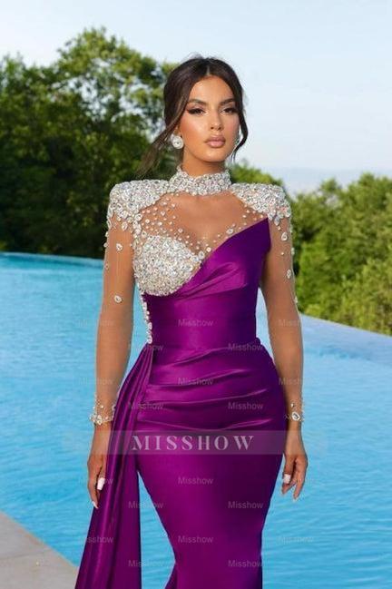 Mermaid Floor-Length High Neck Long Sleeves Beadings Stain Prom Evening Dresses with Ruffles