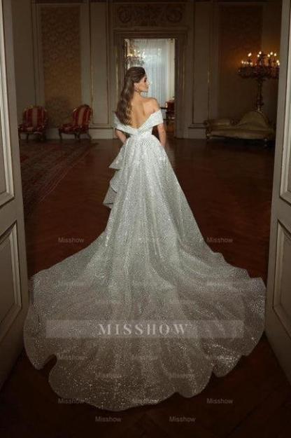Mermaid Floor-Length Off-The-Shoulder V-Neck Sleeveless A-Line Sequins Wedding Dresses with Ruffles